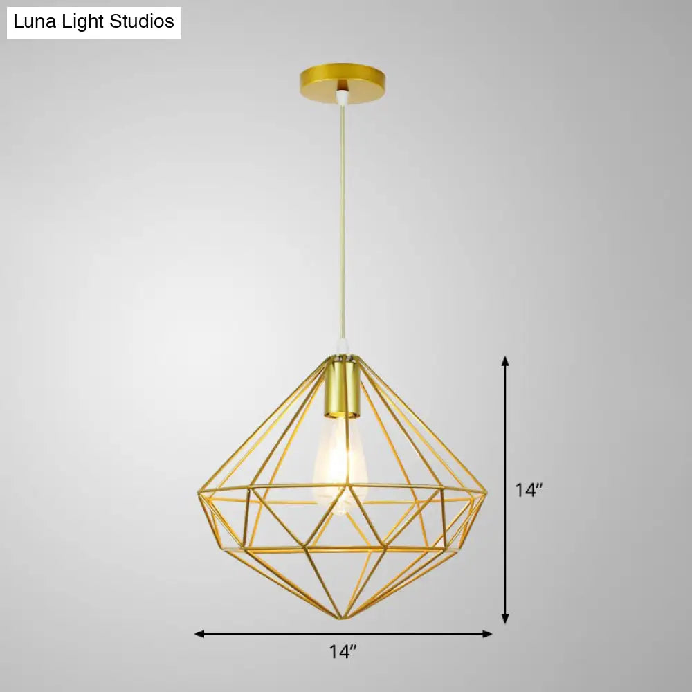Gold Metal Cage Pendant Ceiling Light - Nordic Design 1 Bulb Dining Room Suspension