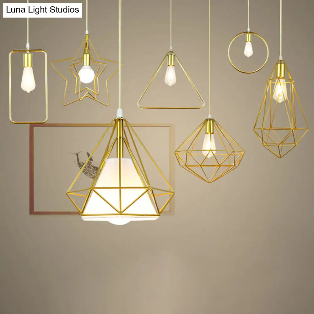 Gold Metal Cage Pendant Ceiling Light - Nordic Design 1 Bulb Dining Room Suspension