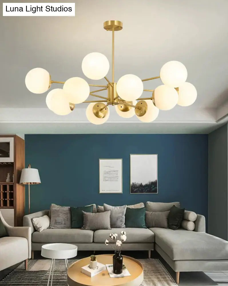 Gold Metal Hanging Chandelier With Opal Glass Shade For Bedroom