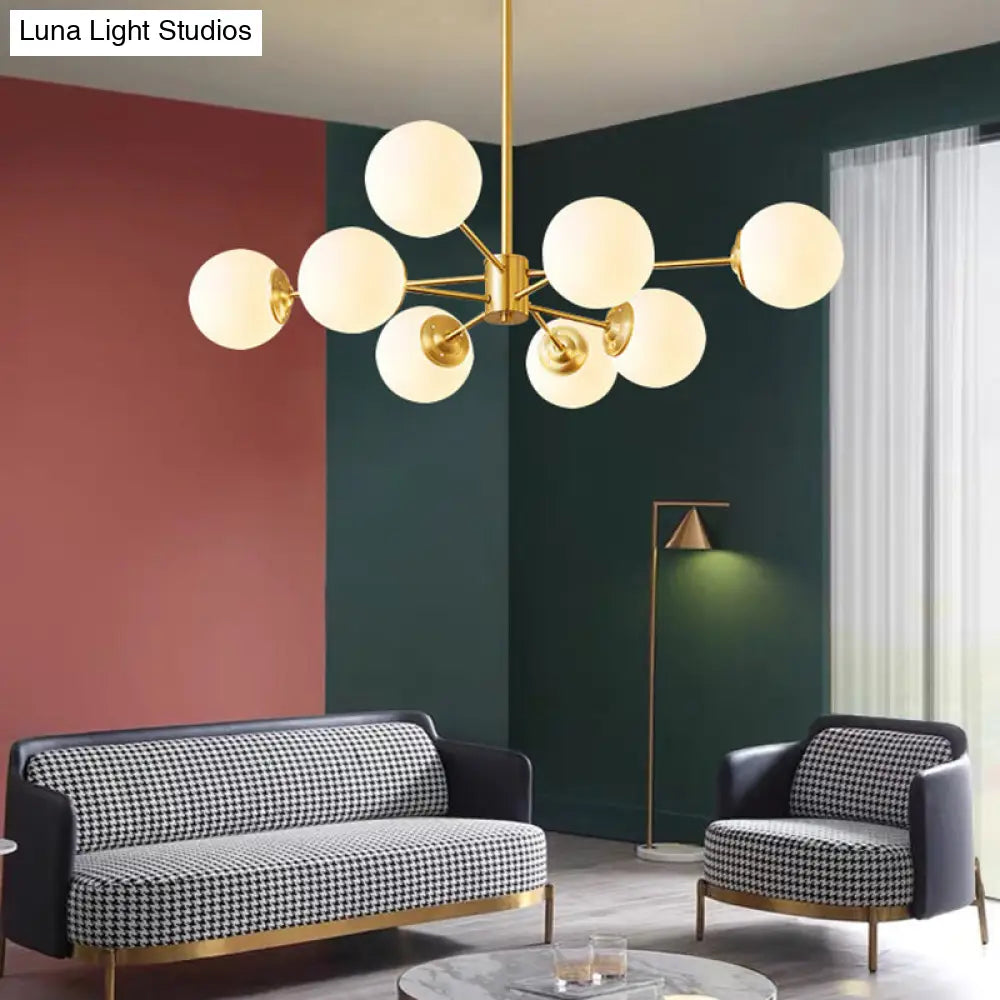 Gold Metal Hanging Chandelier With Opal Glass Shade For Bedroom