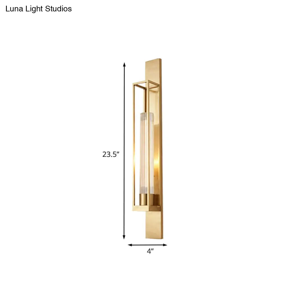 Gold Metal Linear Sconce Lighting With Ribbed Glass Shade - Modern Corner Wall Mount Lamp
