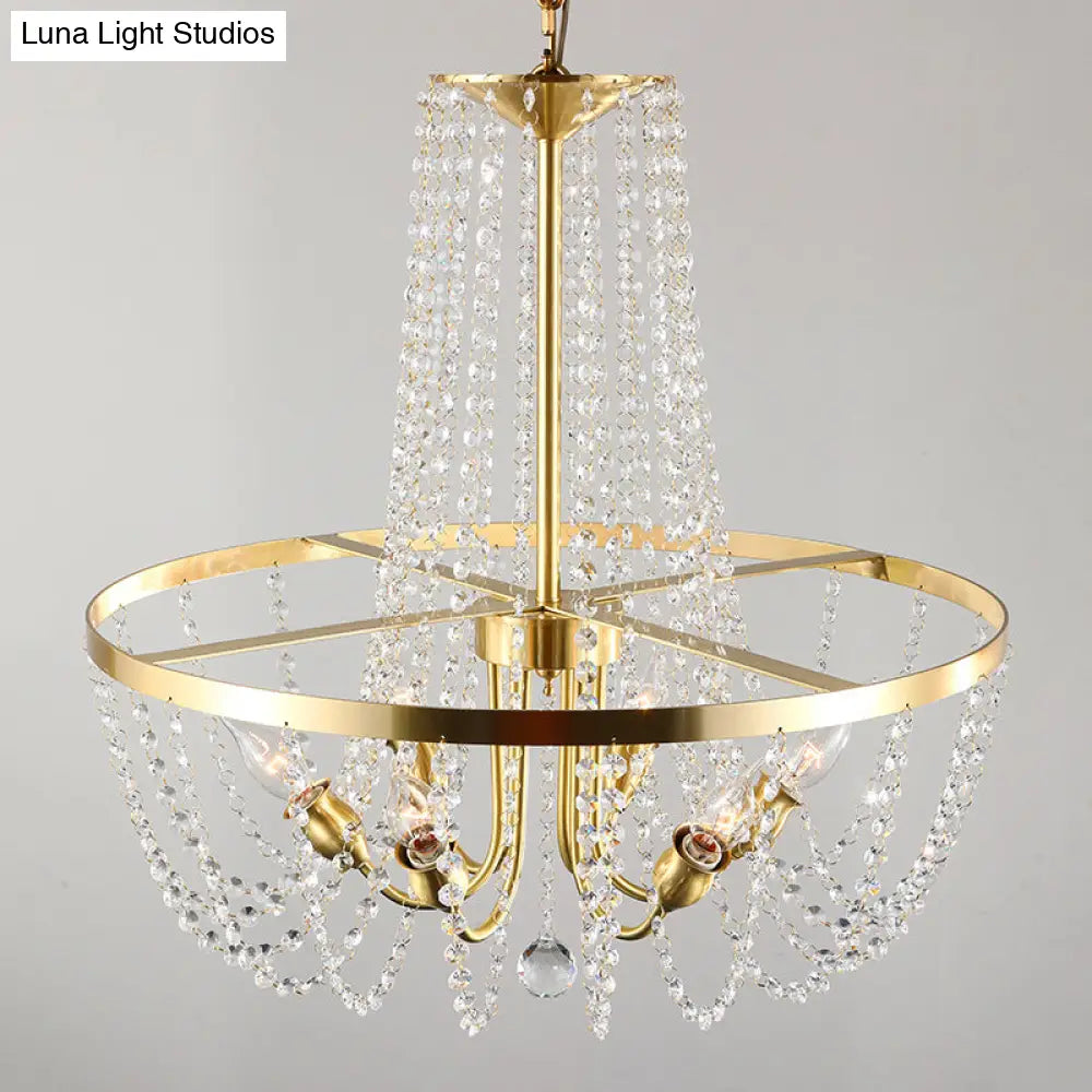 Gold Modern Ring Hanging Lamp With Crystal Stands - 6 Bulbs Pendant Chandelier