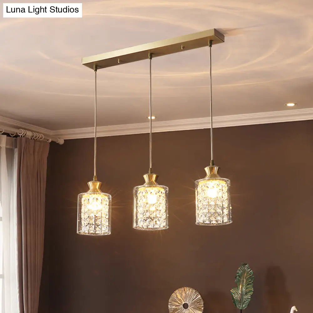 Gold Postmodern Crystal Pendant Light With 3 Shaded Heads For Dining Room Suspension