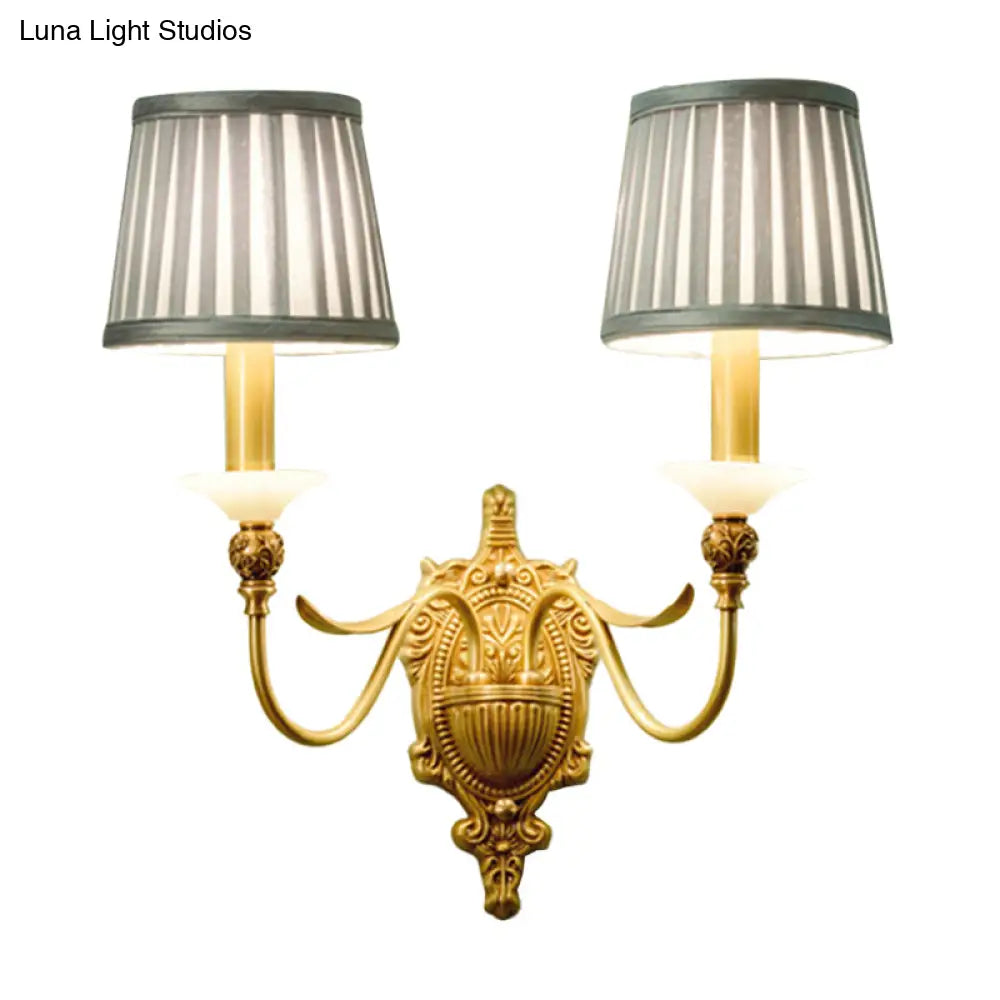 Gold Scalloped/Tapered/Curved Wall Mounted Bedside Light With Fabric/White Glass Shade