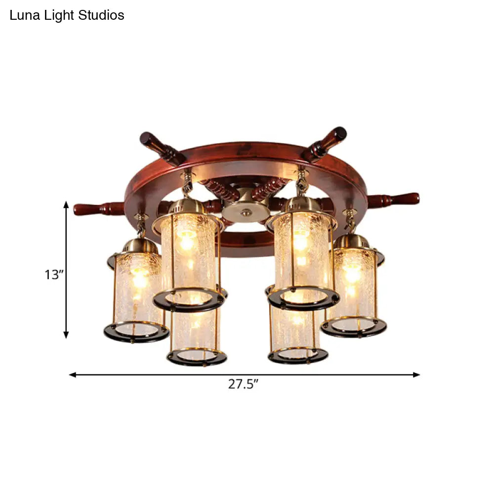 Gold Semi Flush Mount Light With Clear Crackle Glass And Wood Rudder Design - 6 Lights