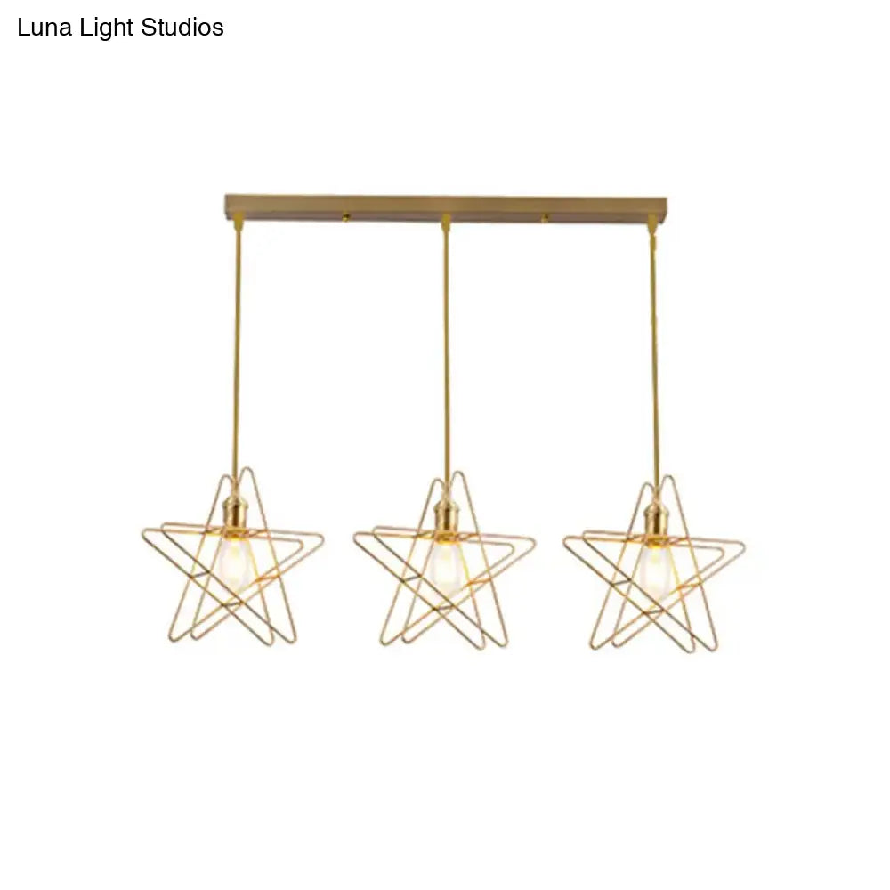 Gold Star Cage Ceiling Light - Simplicity Design Metal Frame 3 Bulbs Ideal For Dining Room