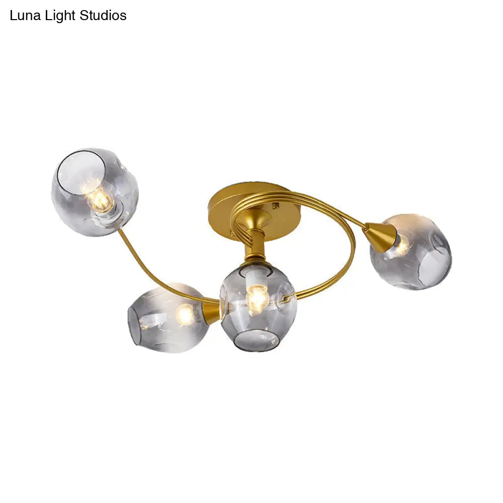 Gold Twist Arm Glass Study Room Ceiling Light - Modern Semi Flushmount In Smoke Gray