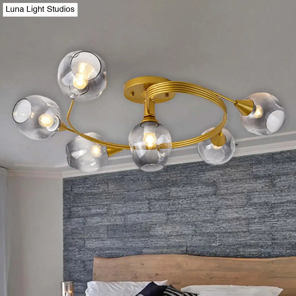 Gold Twist Arm Glass Study Room Ceiling Light - Modern Semi Flushmount In Smoke Gray