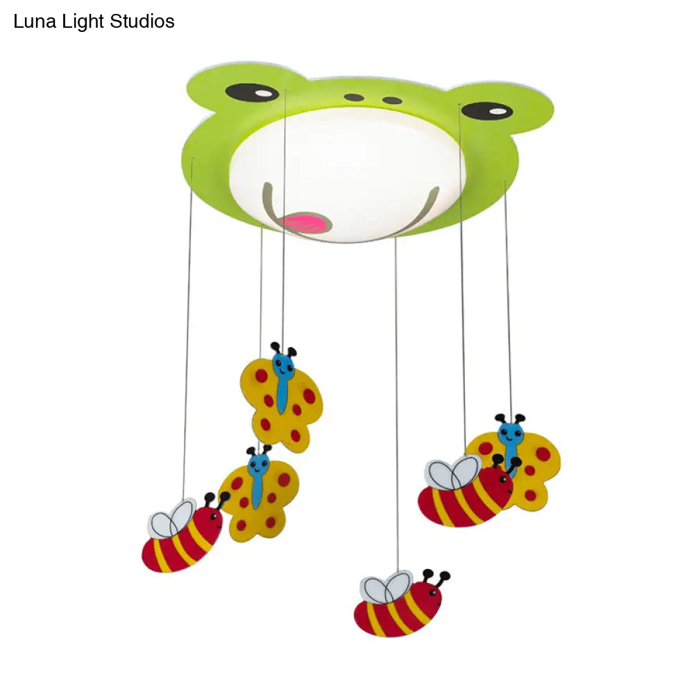 Green Acrylic Fog Flush Mount Light - Butterfly & Bee Cartoon Ceiling Lamp For Baby Bedroom