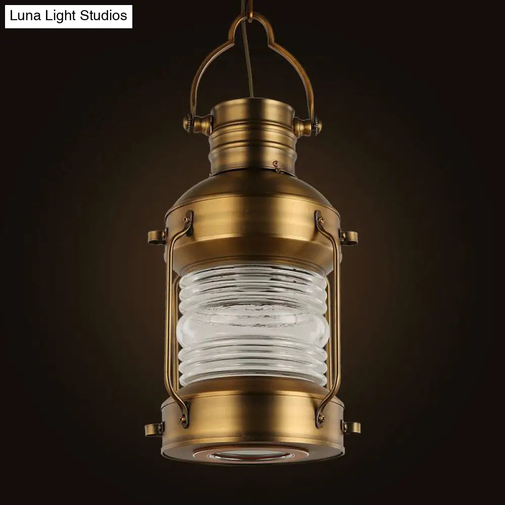 Hanging Lantern Cafe Light Kit - Industrial Iron Gold Suspended Pendant With Clear Glass Shade