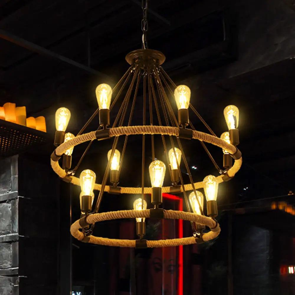 Hemp Rope Chandelier Pendant Light - Vintage Restaurant Hanging In Flaxen 14 /