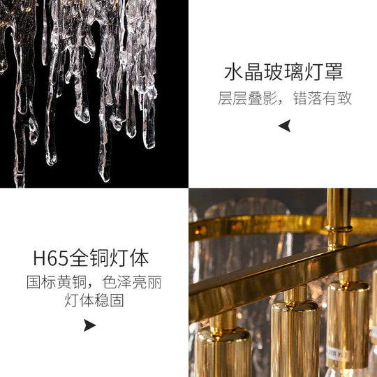 Icicle Nordic Lustre rectangulaire en cristal de luxe moderne tout cuivre