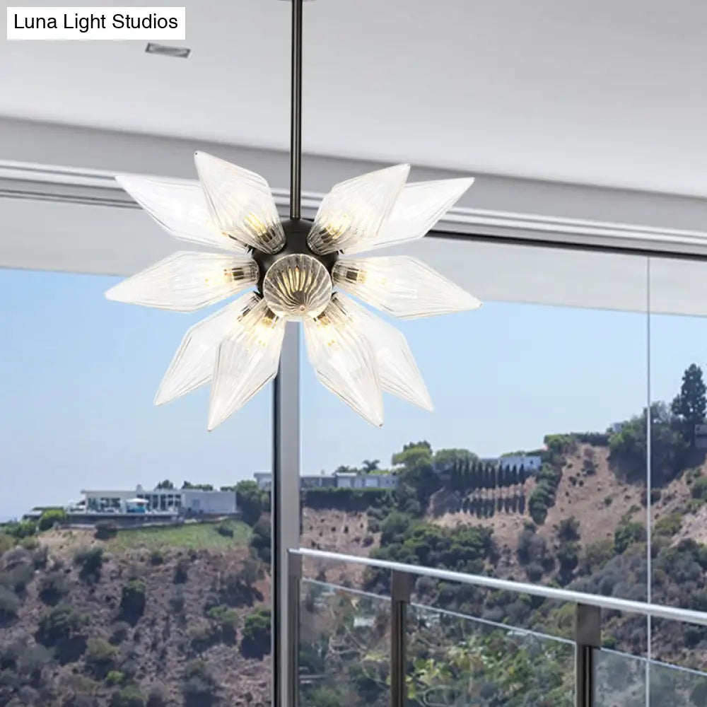 Industrial Amber/Clear Ribbed Glass Pendant Lighting With Starburst Design - 9/12/15 Heads Bedroom