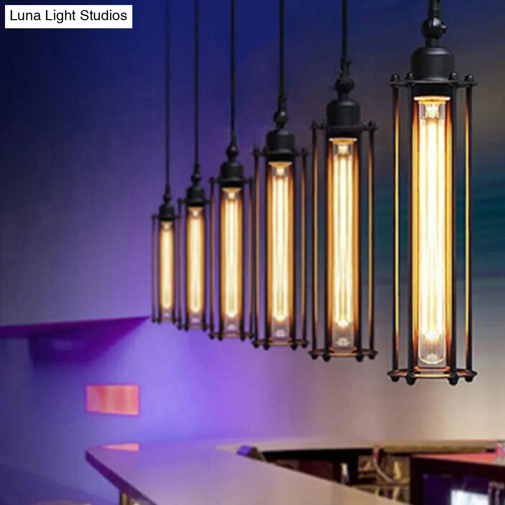 Industrial Black Iron Cage Pendant Light - 1-Bulb Cylindrical Ceiling Fixture For Bars