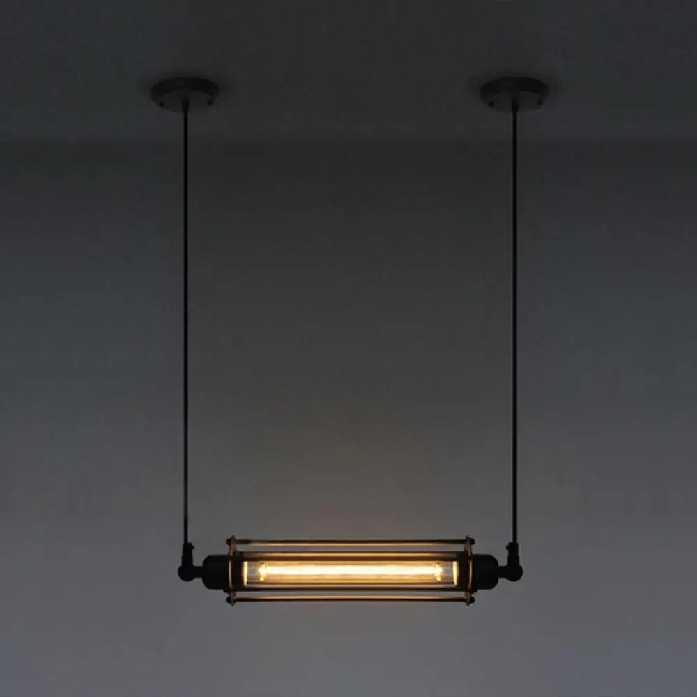 Industrial Black Iron Cage Pendant Light - 1-Bulb Cylindrical Ceiling Fixture For Bars / Horizontal