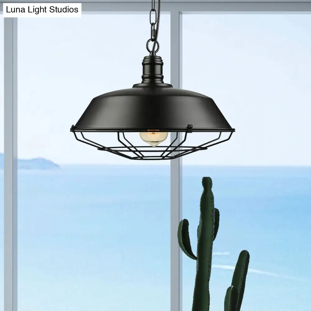 Industrial Black Wire Cage Pendant With Barn Shade - Ceiling Or Dining Table Hanging Fixture