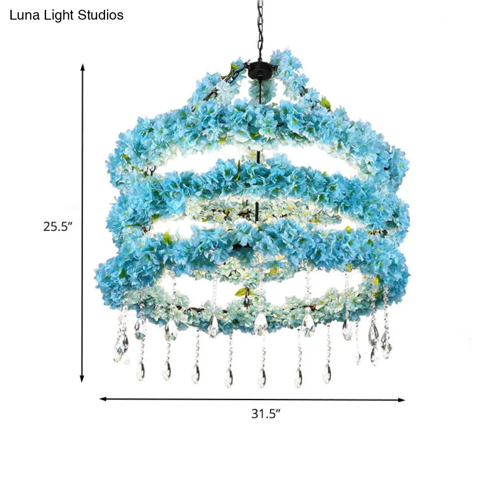 Industrial Blue Circle Pendant Chandelier With Led Down Lighting And Crystal Accent - 6 Heads
