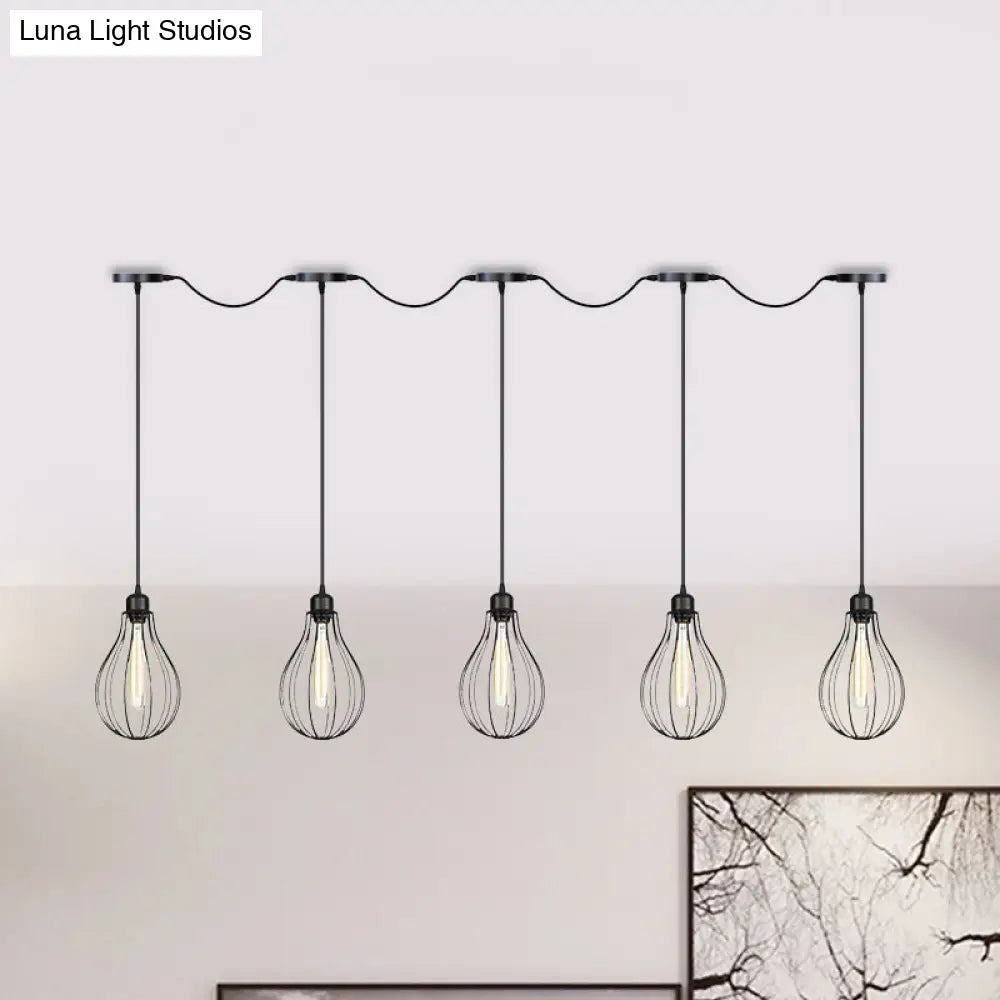 Industrial Cage Pendant Chandelier With Multi-Bulb Kit In Black