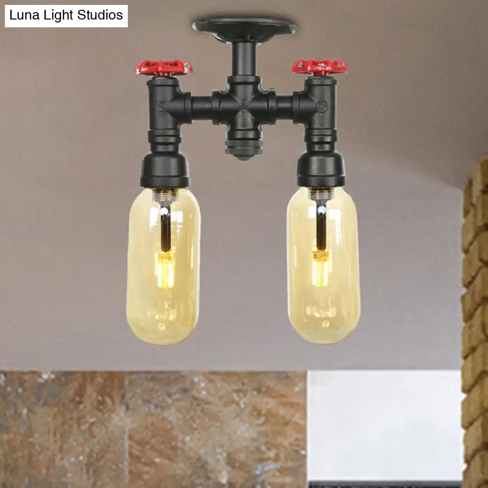 Industrial Capsule Amber Glass Semi Flush Mount Light - Matte Black With Pipe Design