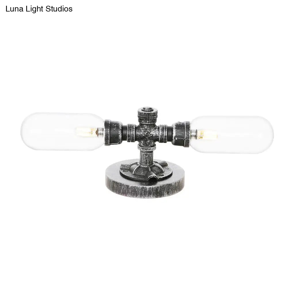 Industrial Clear/Amber Glass 2-Light Sconce Lamp With Base - Tube Shade Living Room Task Lighting In