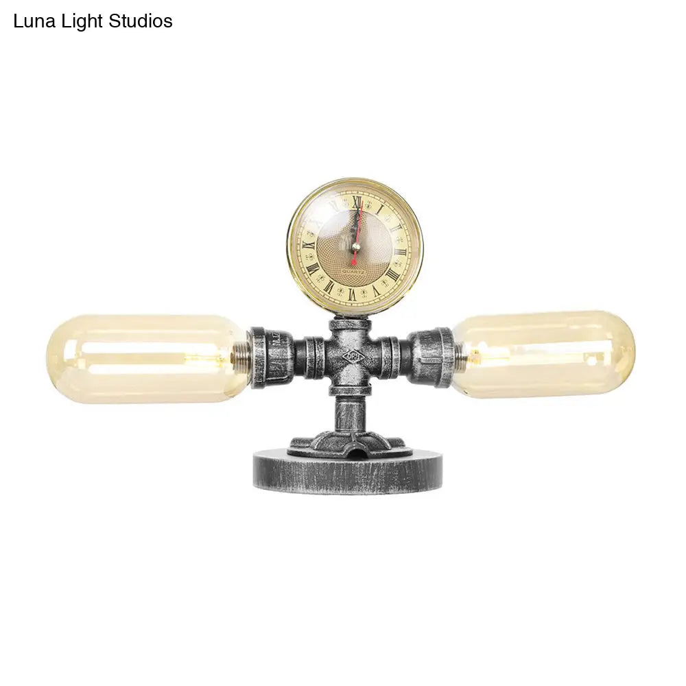 Industrial Clear/Amber Glass 2-Light Sconce Lamp With Base - Tube Shade Living Room Task Lighting In