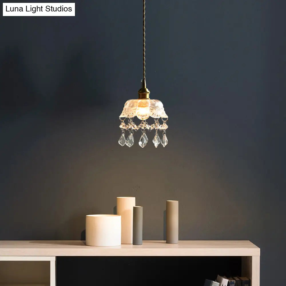 Industrial Clear Glass Ceiling Light - Single Pendant With Crystal Draping For Dining Room