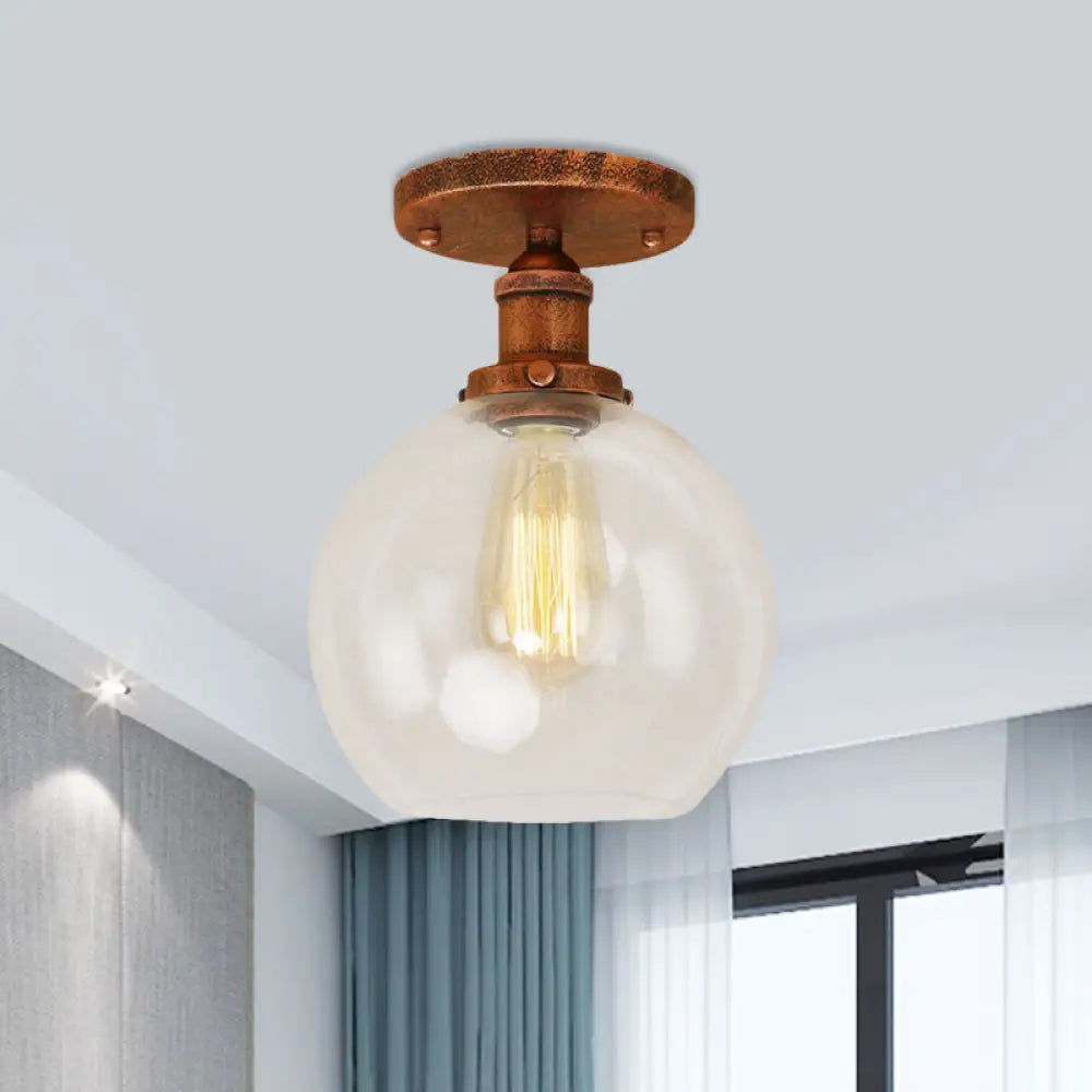 Industrial Clear Glass Spherical Balcony Ceiling Light Fixture – Black/Brass/Copper Rust