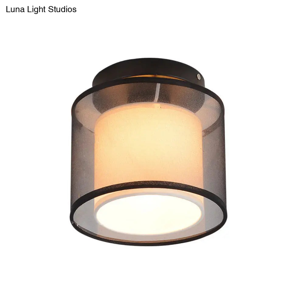 Industrial Dual-Layer Black Fabric Ceiling Light Fixture - Flush Mount Cylinder Design