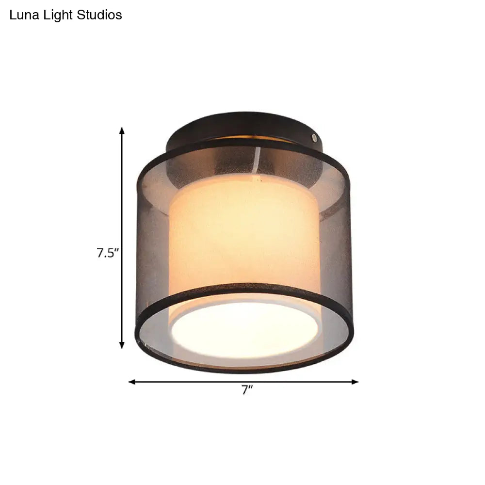 Industrial Dual-Layer Black Fabric Ceiling Light Fixture - Flush Mount Cylinder Design