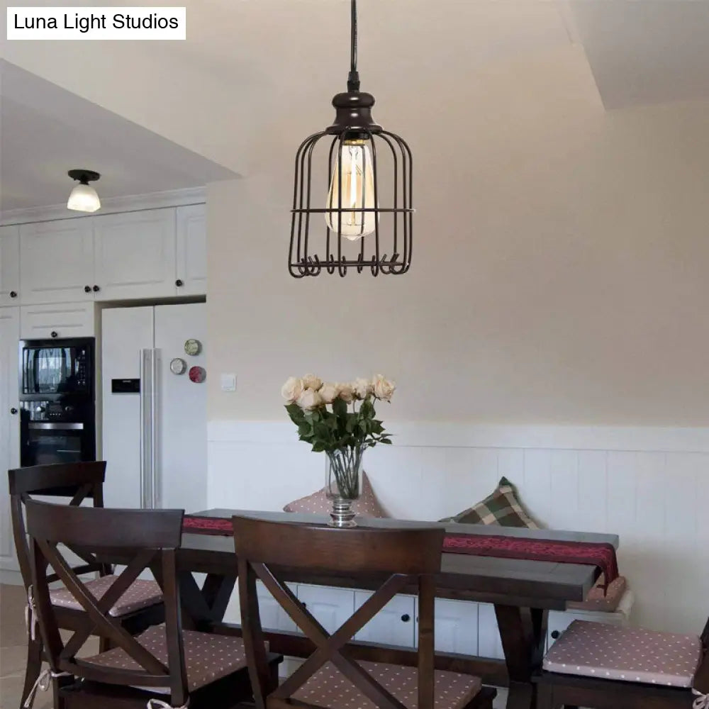 Industrial Glass Pendant Ceiling Light With Cage - Black Cylinder Design For Dining Room