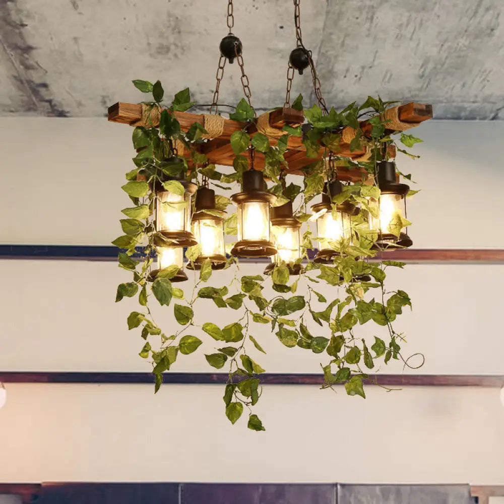 Industrial Green Lantern Wooden Chandelier - Led Restaurant Ceiling Light (3/6/8 Heads)