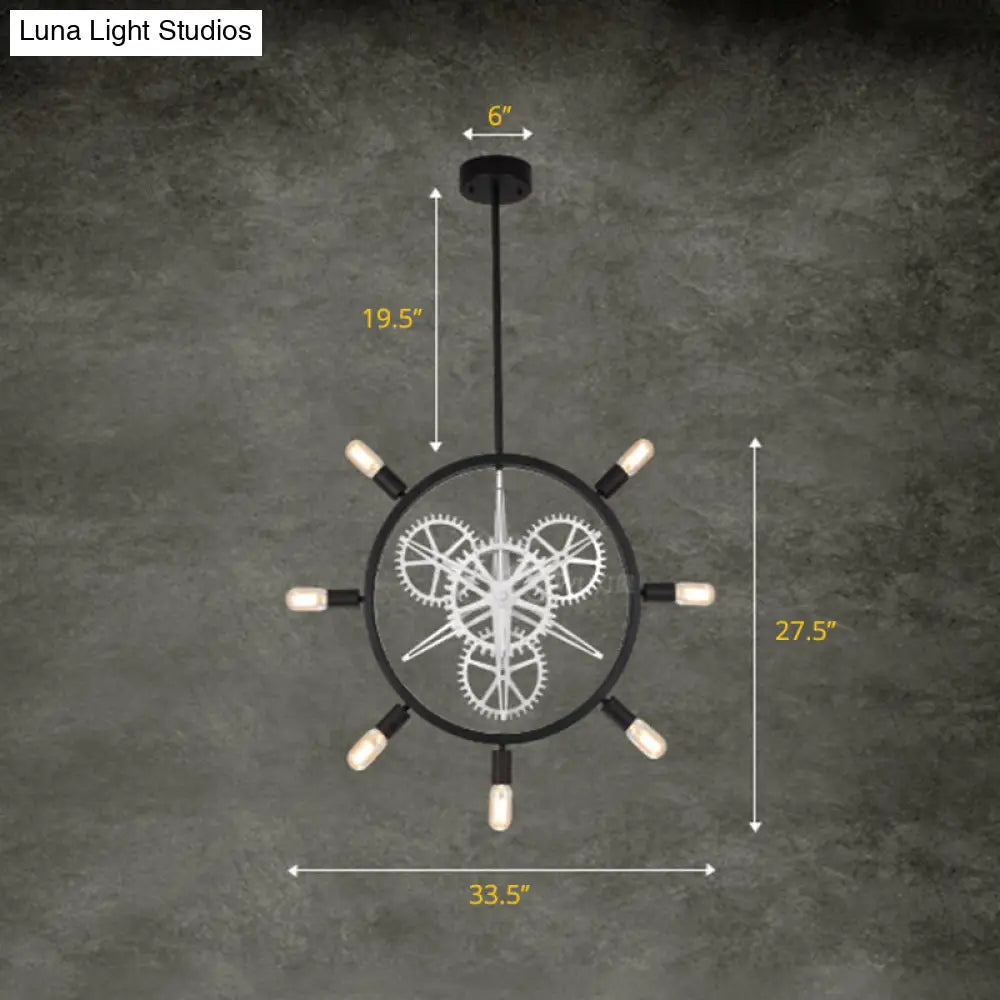 Industrial Hanging Chandelier With Exposed Bulb Design - 7/8 Bulbs Iron Frame Black/Silver Gear