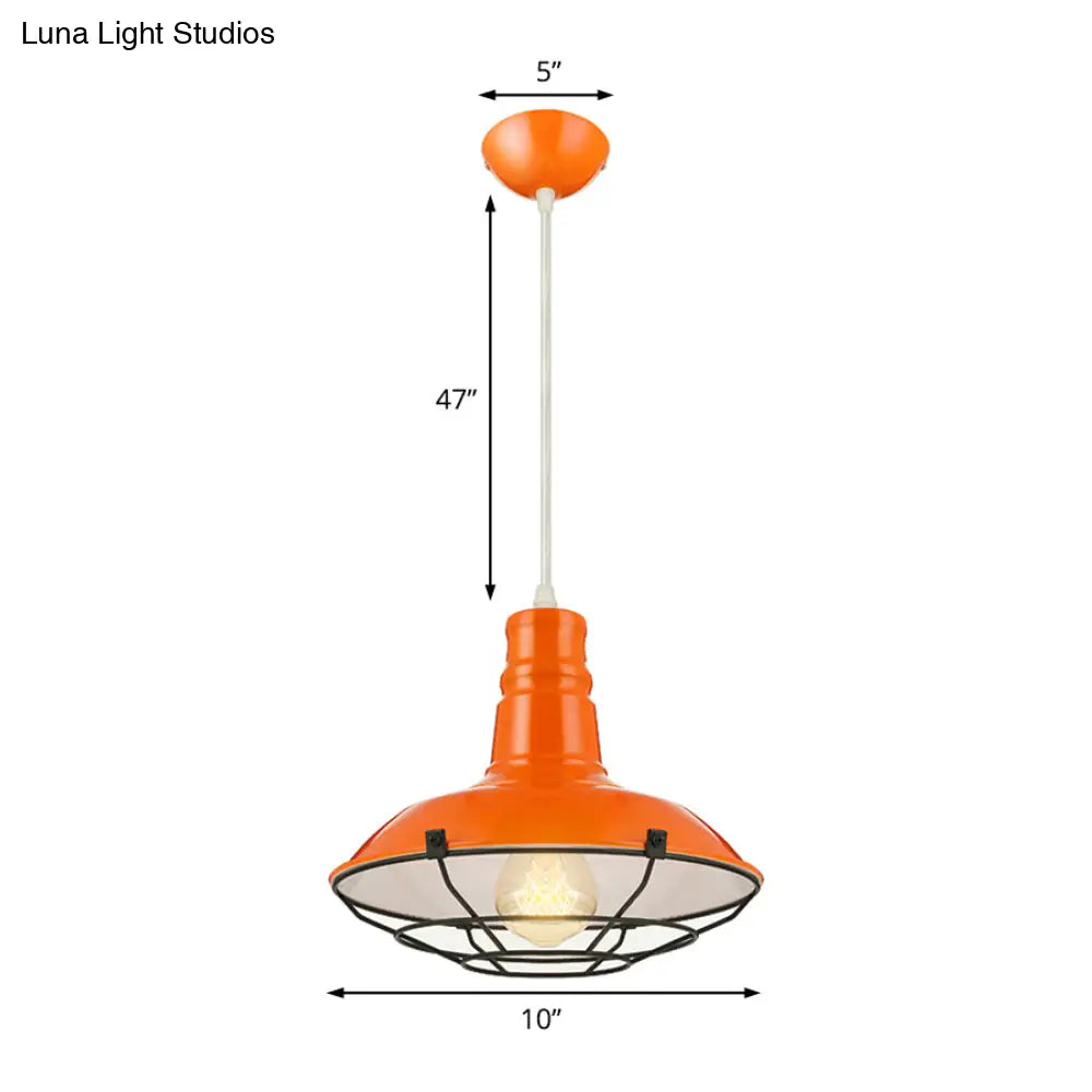 Industrial Metal Pendant Light Fixture With Wire Guard - Orange/Blue/Green Bowl Design