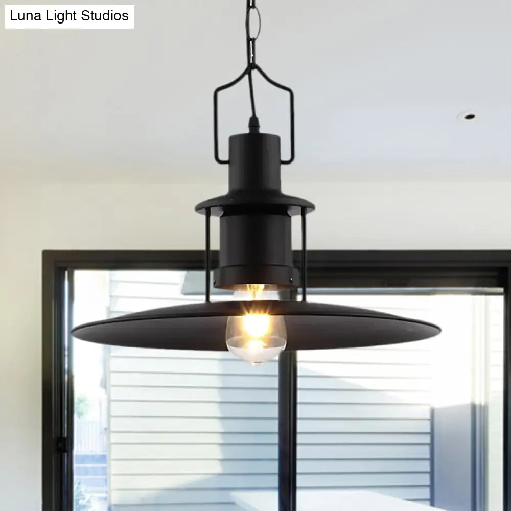 Industrial Metal Pendant Light - Flat Cone Shade 1-Light Dining Room Hanging Fixture In Black 16’