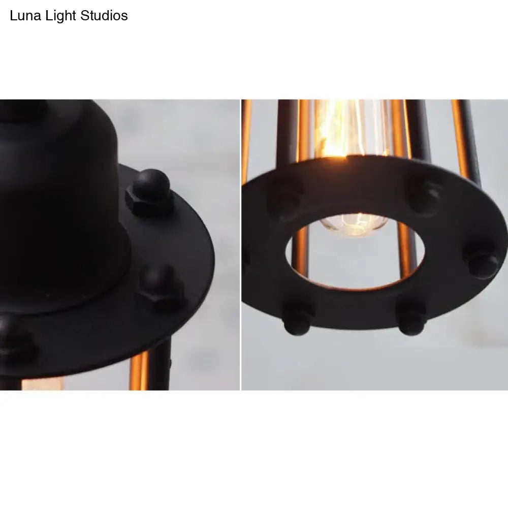 Industrial Metal Pendant Light With Tube Shade And Wire Guard - Black Finish