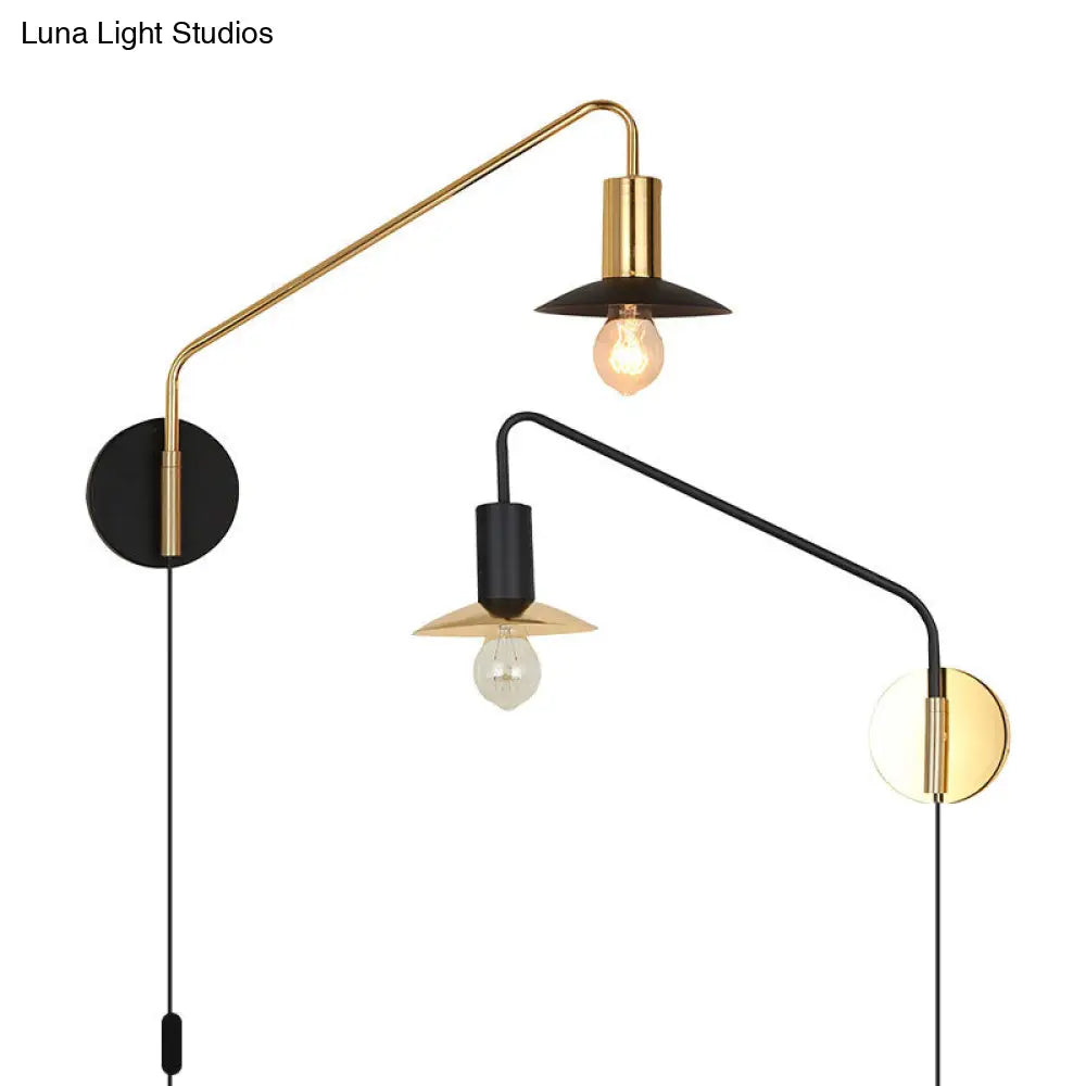 Industrial Metal Swing Arm Sconce Lamp With Saucer Lampshade - Single Living Room Reading Light