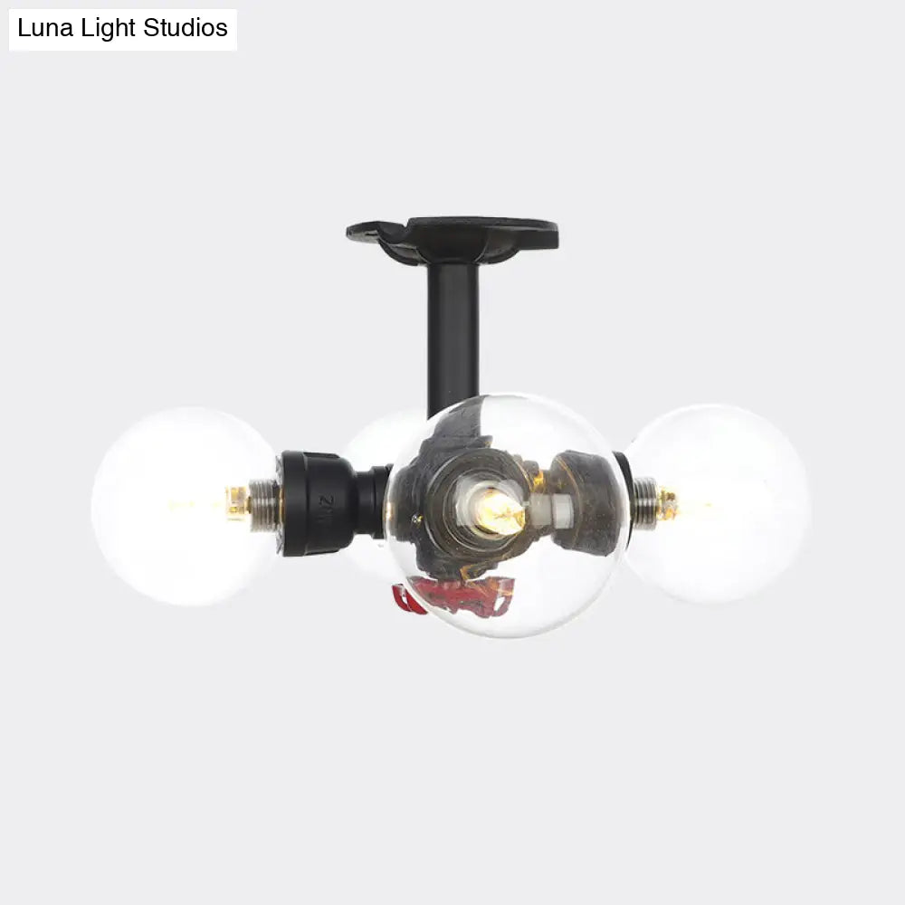 Industrial Orb Semi - Flush Clear Glass Led Lights In Black
