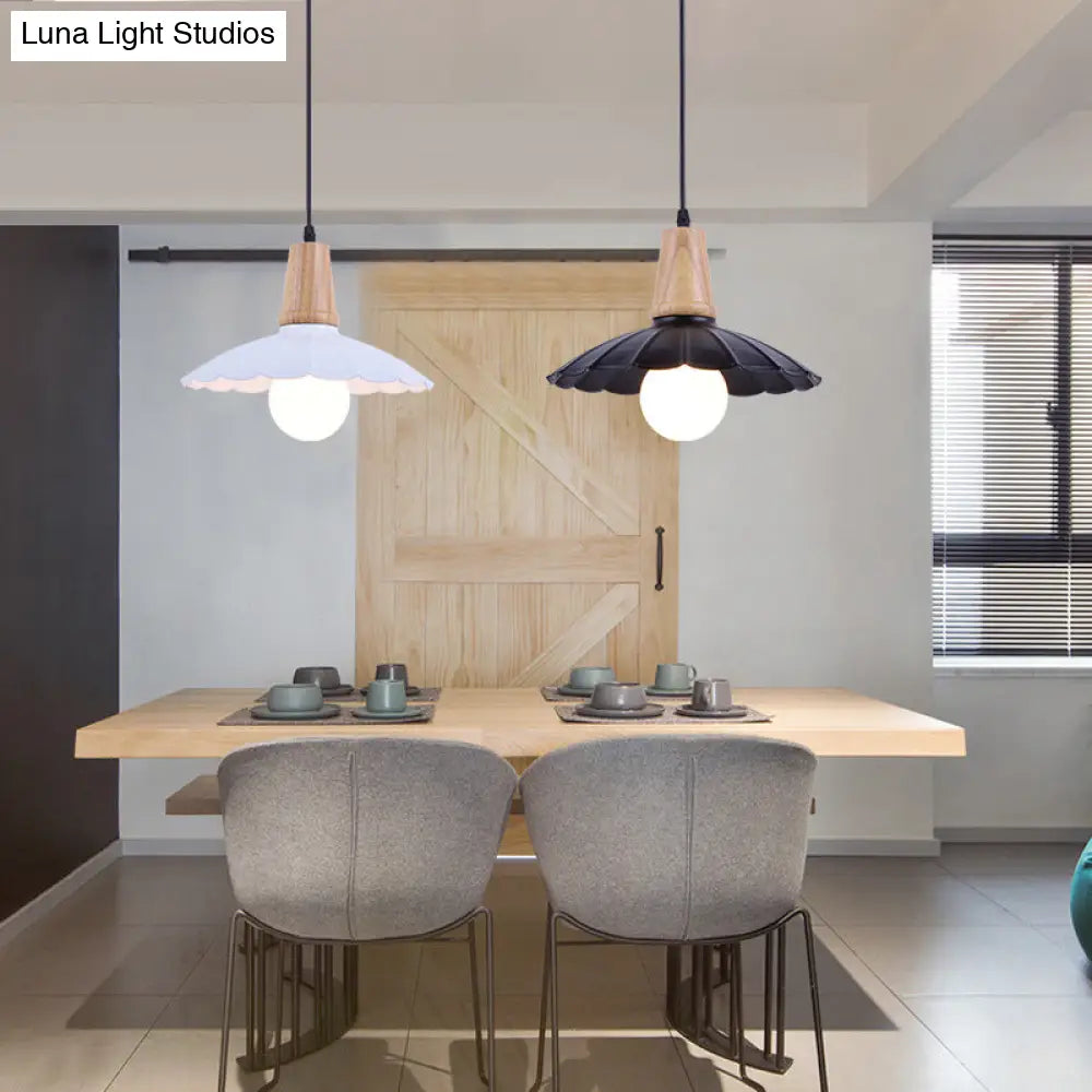 Industrial Scalloped Metal Hanging Pendant Light With Wooden Cap - White/Black