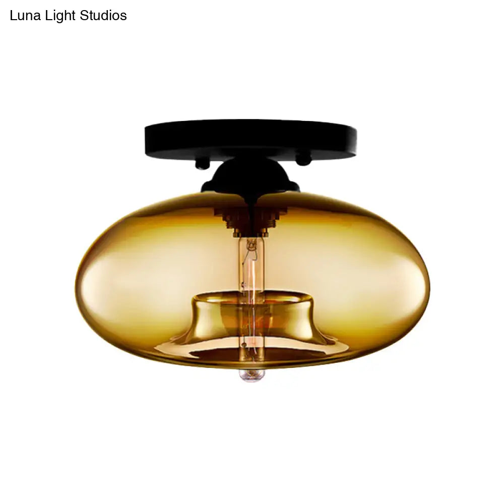 Industrial Semi Flush Ceiling Light With Oval Red/Brown/Blue Glass Shade - Black Finish Ideal For