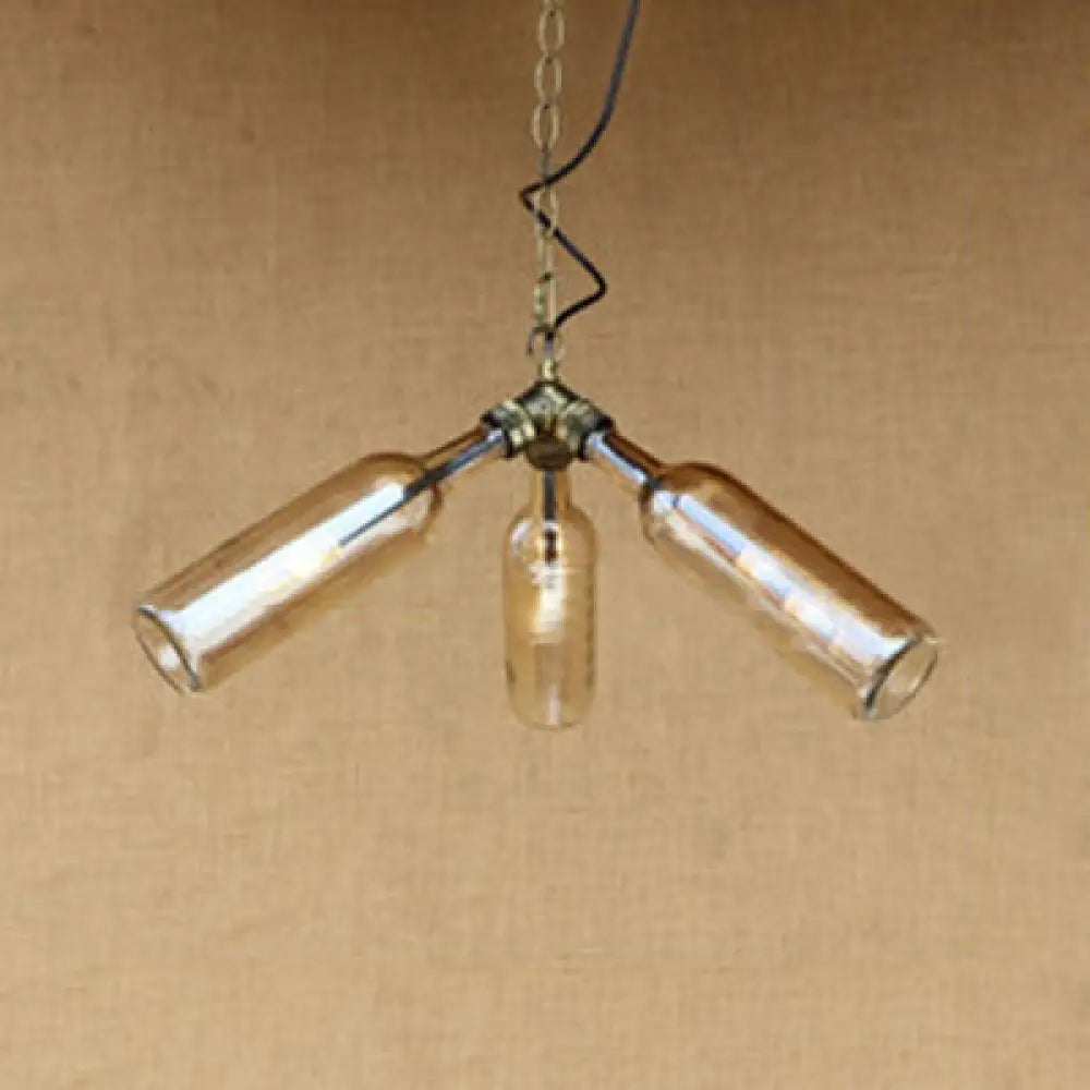 Industrial Style 3-Light Glass Bottle Chandelier With Pipe Design In Black/Clear Amber