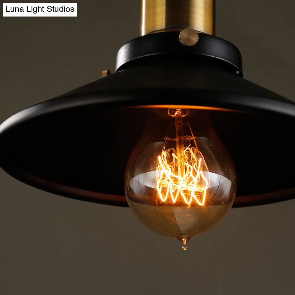 Industrial Style Black Vintage Hanging Light Fixture With Metal Saucer Shade And Brass Lamp Socket -