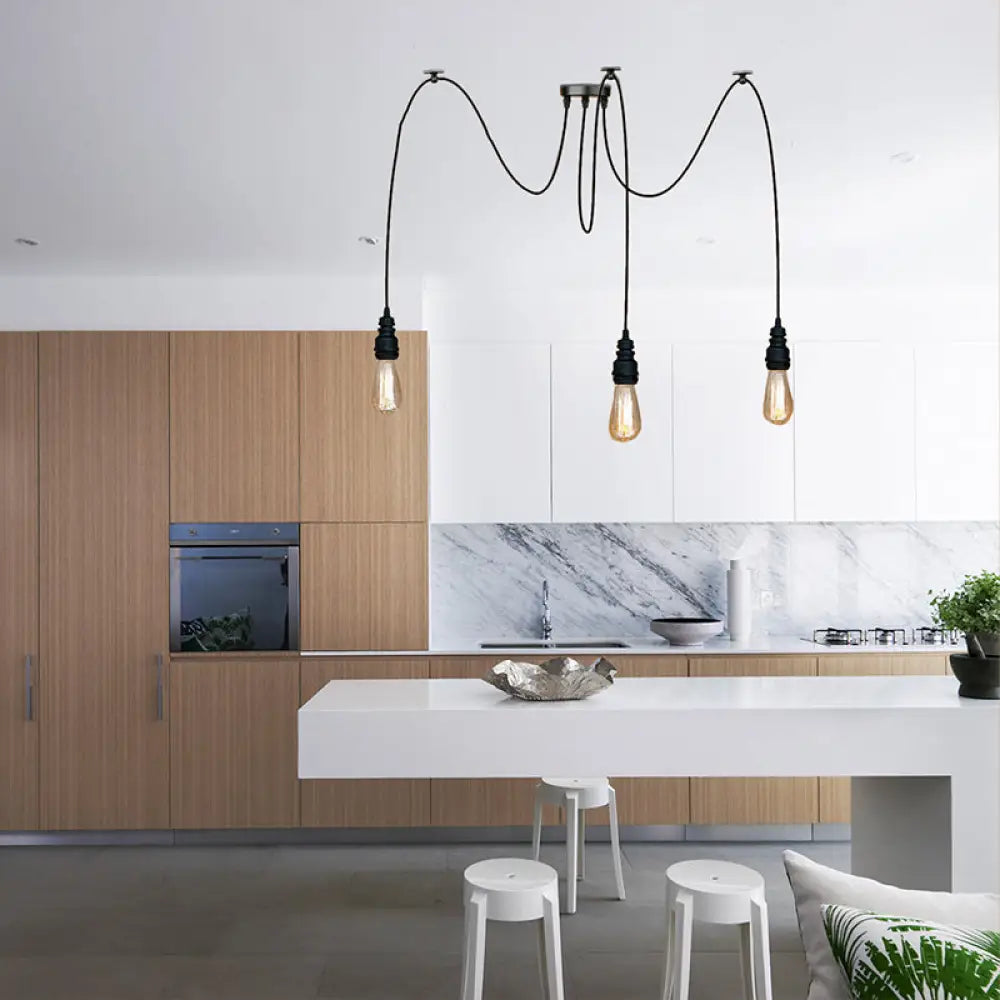 Industrial Swag Hanging Lamp With Exposed Bulb - Black Metal Pendant Light (2/3 Heads) 3 /