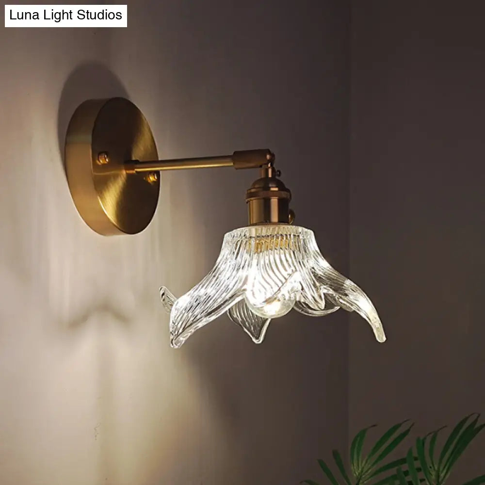 Industrial Wall Mounted Swing Arm Reading Light With Blossom/Bowl Clear Glass Shade - Iron Brass