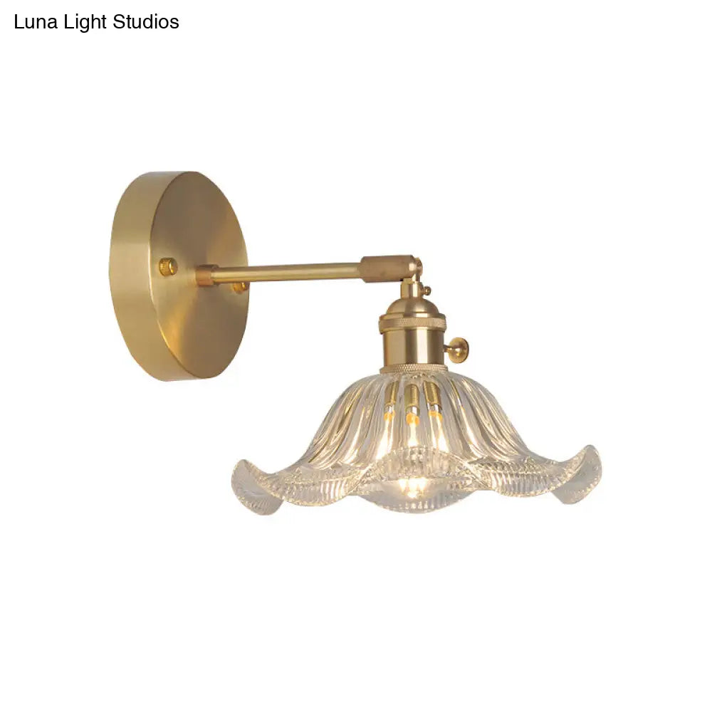 Industrial Wall Mounted Swing Arm Reading Light With Blossom/Bowl Clear Glass Shade - Iron Brass