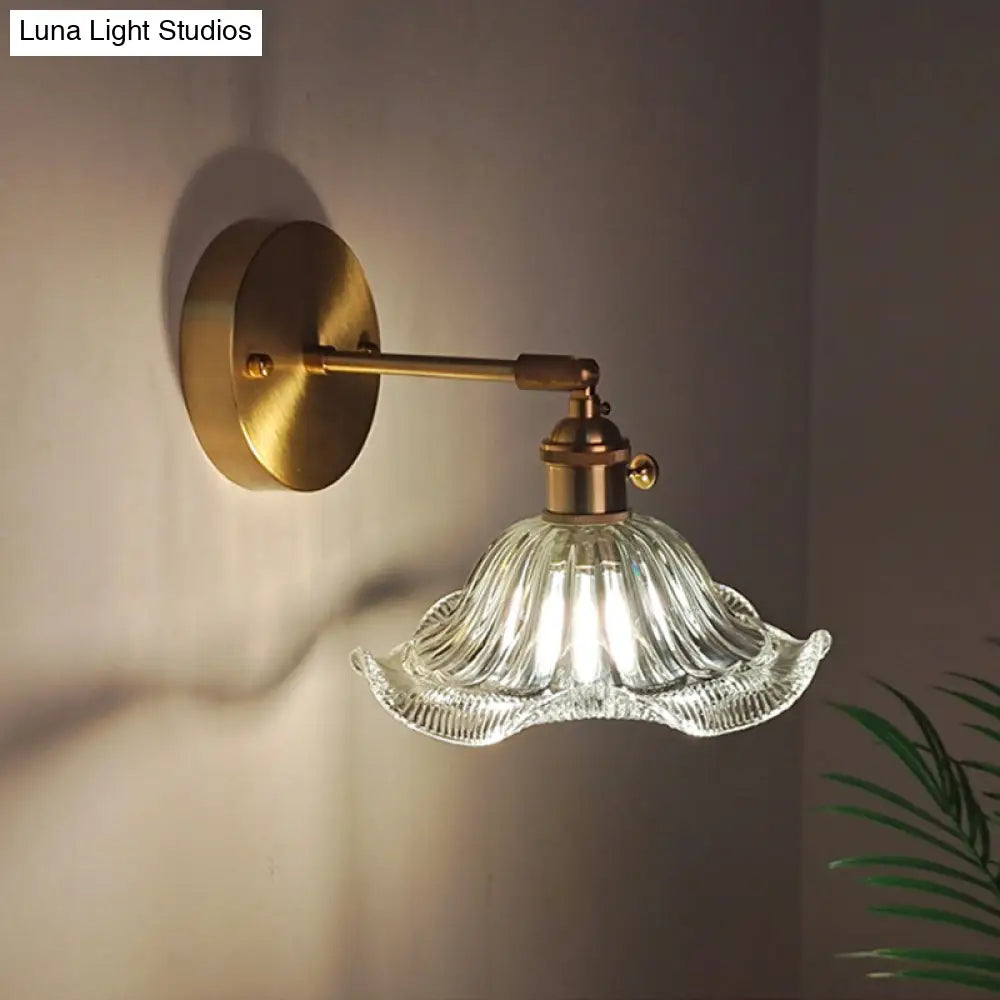 Industrial Wall Mounted Swing Arm Reading Light With Blossom/Bowl Clear Glass Shade - Iron Brass