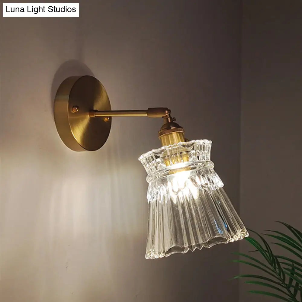Industrial Wall Mounted Swing Arm Reading Light With Blossom/Bowl Clear Glass Shade - Iron Brass