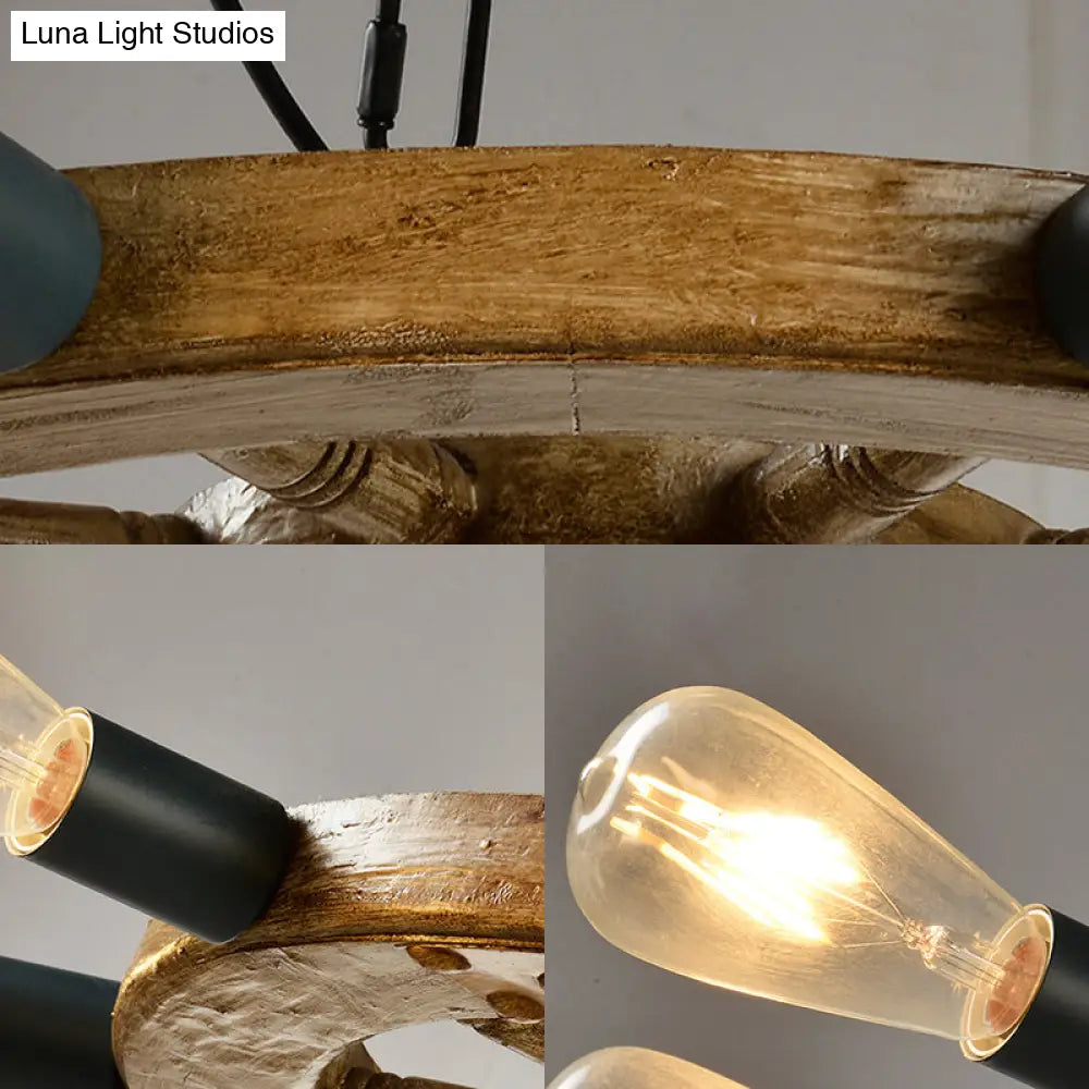 Industrial Wood 8-Light Wheel Chandelier With Black Chain - Dining Room Ceiling Fixture
