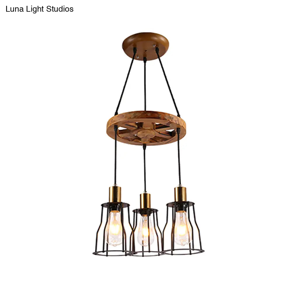 Industrial Wood Bell Cage Pendant Light With Brass Accents - 3/6 Lights For Living Room