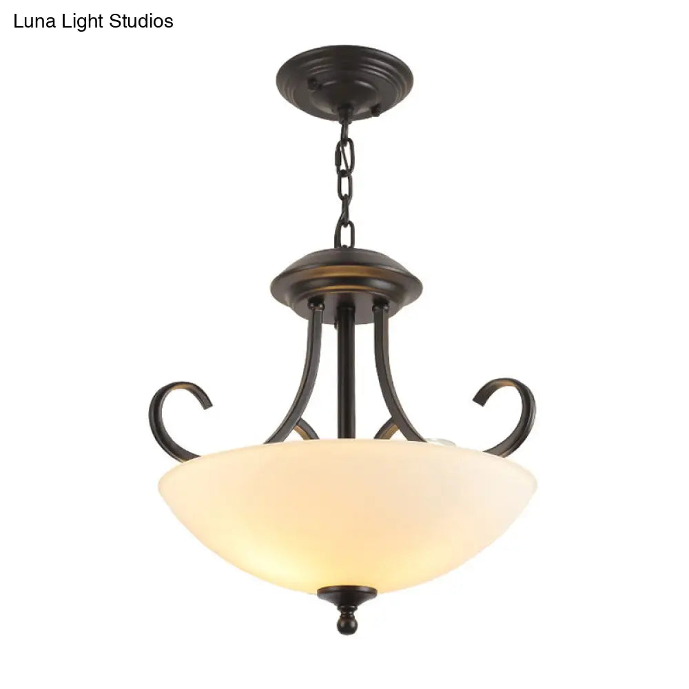 Iron Swirled Arm Retro Ceiling Light For Dining Room With 3 Heads And White Glass Shade