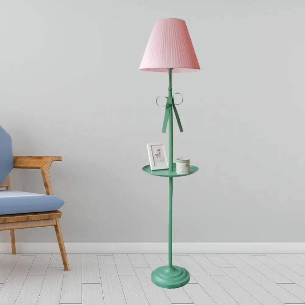 Kids Iron Single Green Floor Lamp With Pleated Beige/Pink Shade - Ribbon Standing Light Pink